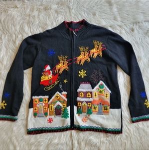 Christmas Sweater L Arriviste Cardigan Zip Black Santa Sleigh Village Reindeer